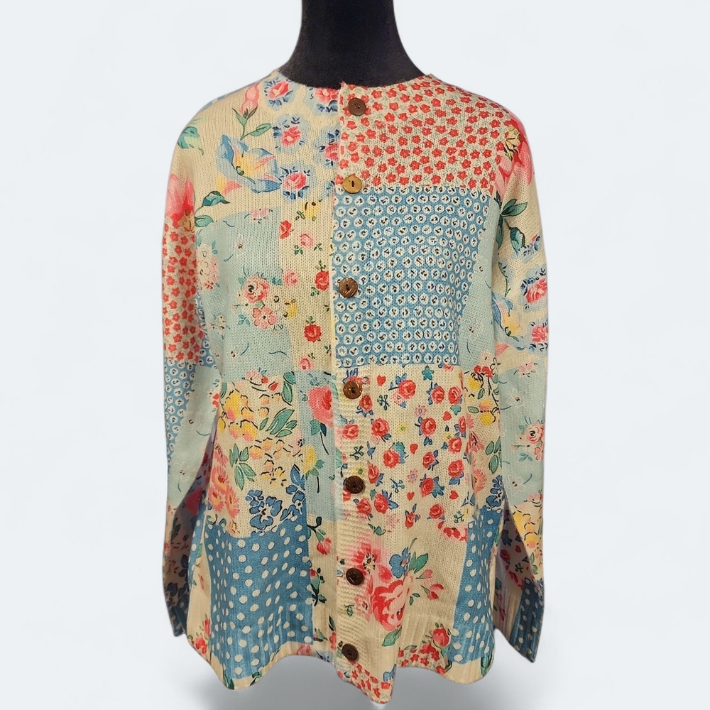 Floral Polka Dots Soft Girl Patchwork Cottagecore Button-Up Jacket Cardigan | L‎ - Picture 2 of 11